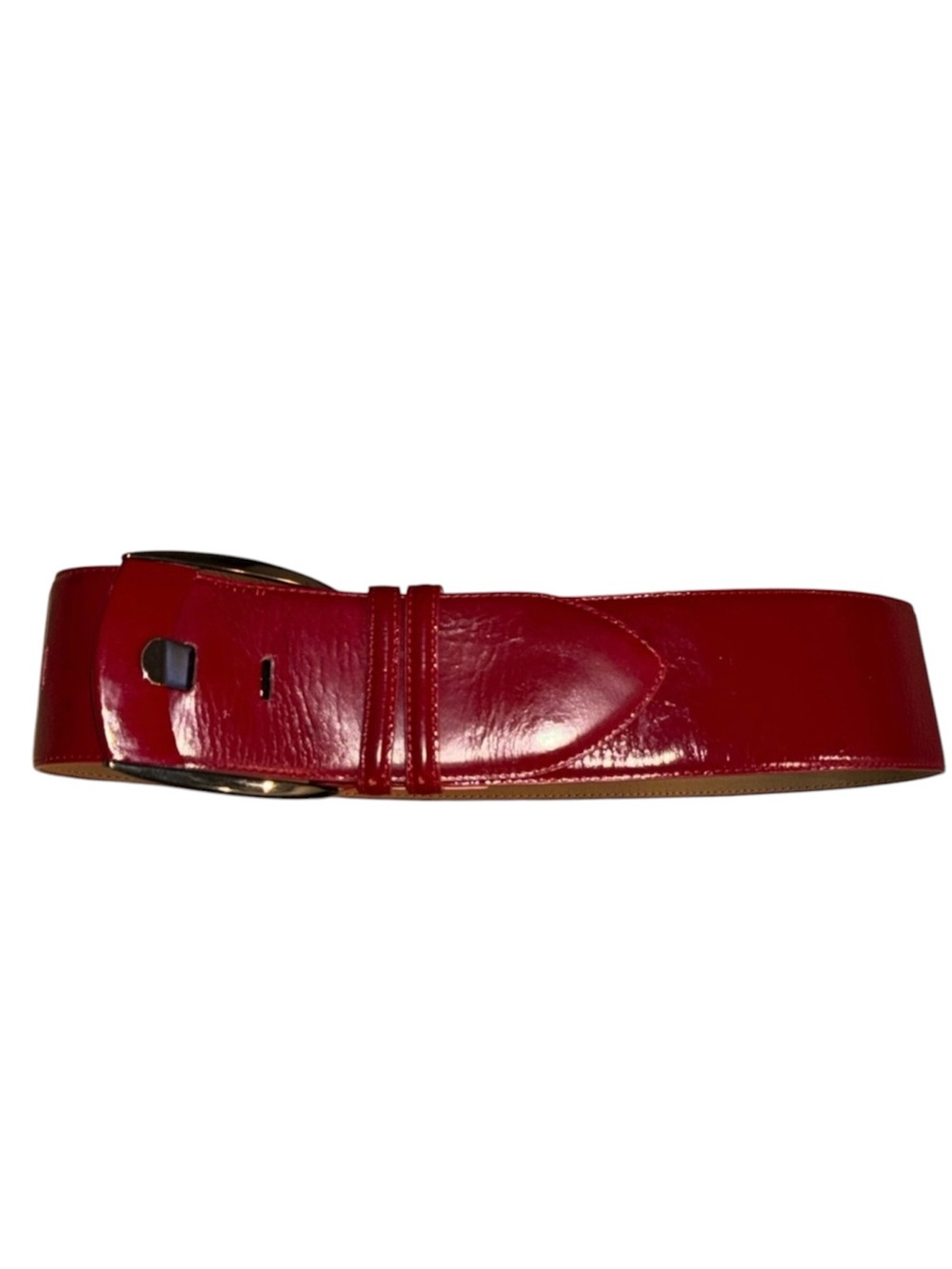 Veronika Maine Red Wide Patent Leather Belt with Gold-Tone Buckle